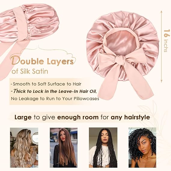 Silk Bonnet For Sleeping Women Satin Bonnet Double Layer Satin Lined Hair Bonnet With Tie Band Curly Hair